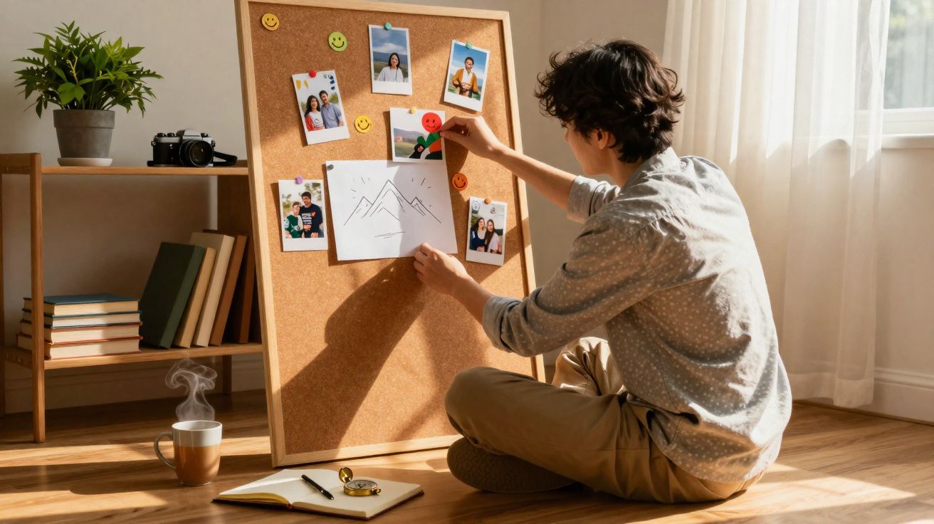 Pessoa sentada no chão a prender fotos e desenhos num placard de cortiça junto a uma janela com luz natural.