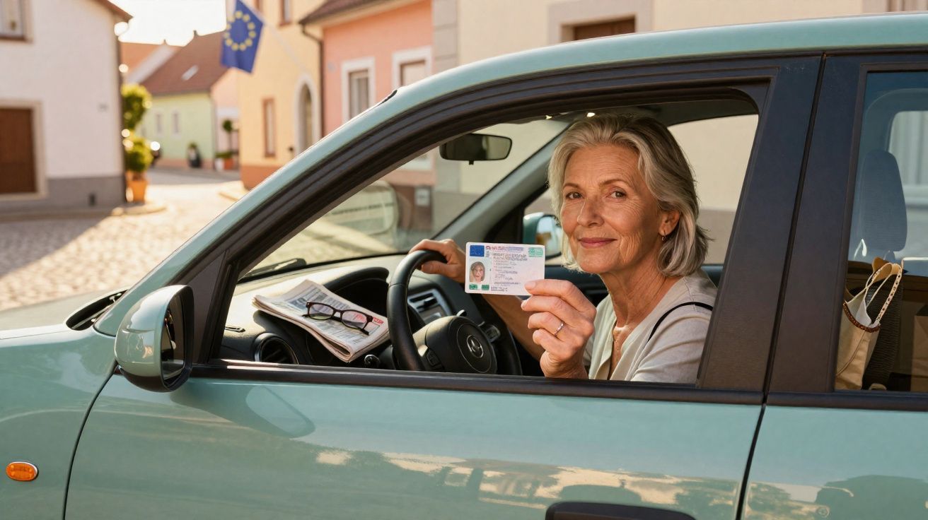 Mulher sénior sorridente mostra a carta de condução sentada ao volante de um carro verde num bairro calmo.