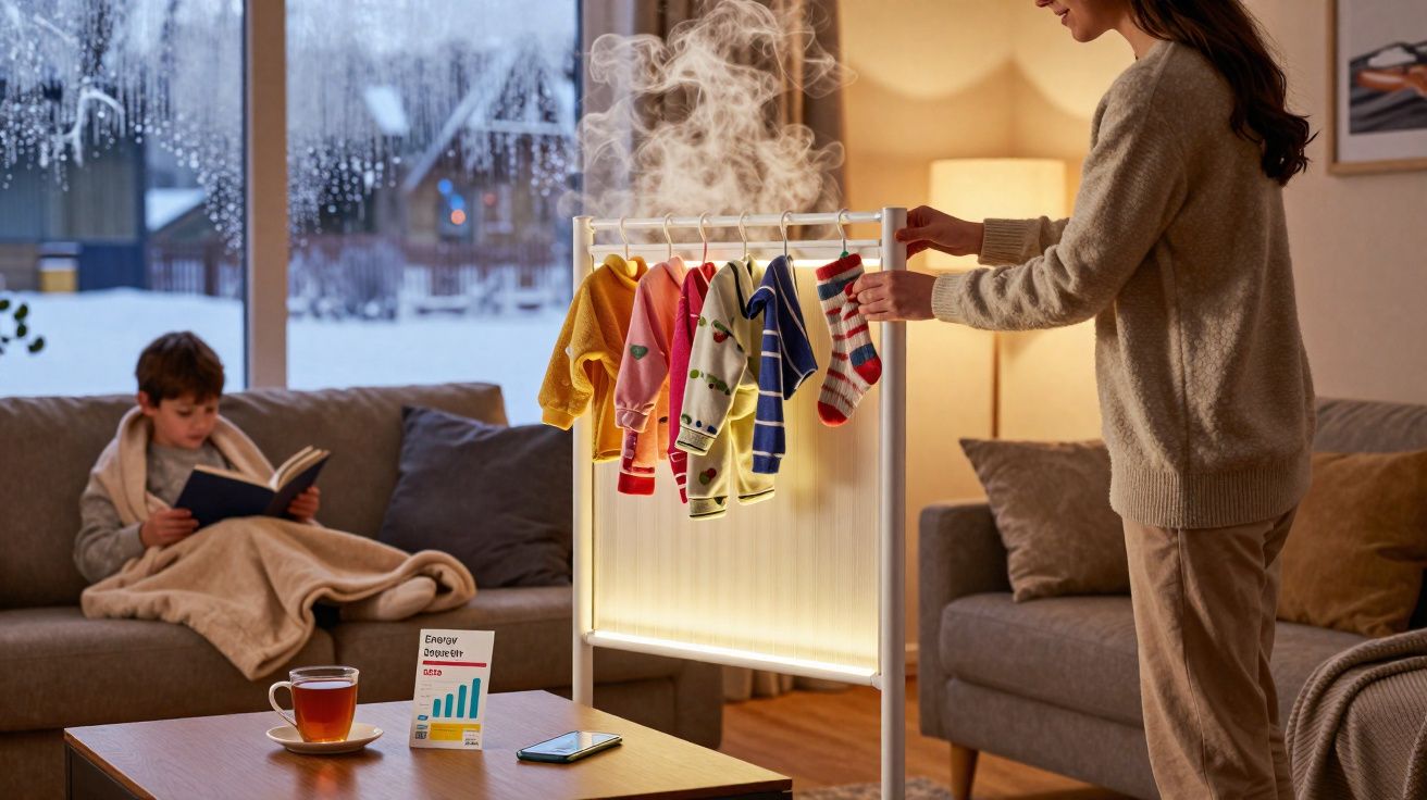 Mulher a secar roupa infantil num secador elétrico enquanto criança lê no sofá ao lado.