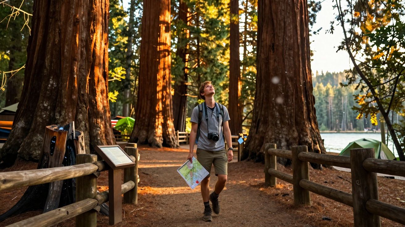 Jovem com mapa e câmera caminhando por trilha entre árvores altas num parque florestal ao entardecer.