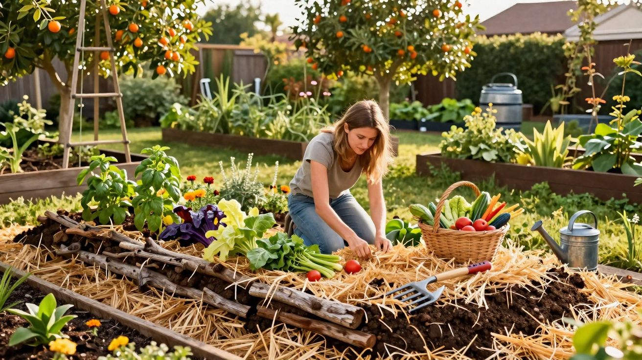 Mulher a colher legumes numa horta com árvores de citrinos e cesta cheia de legumes frescos.