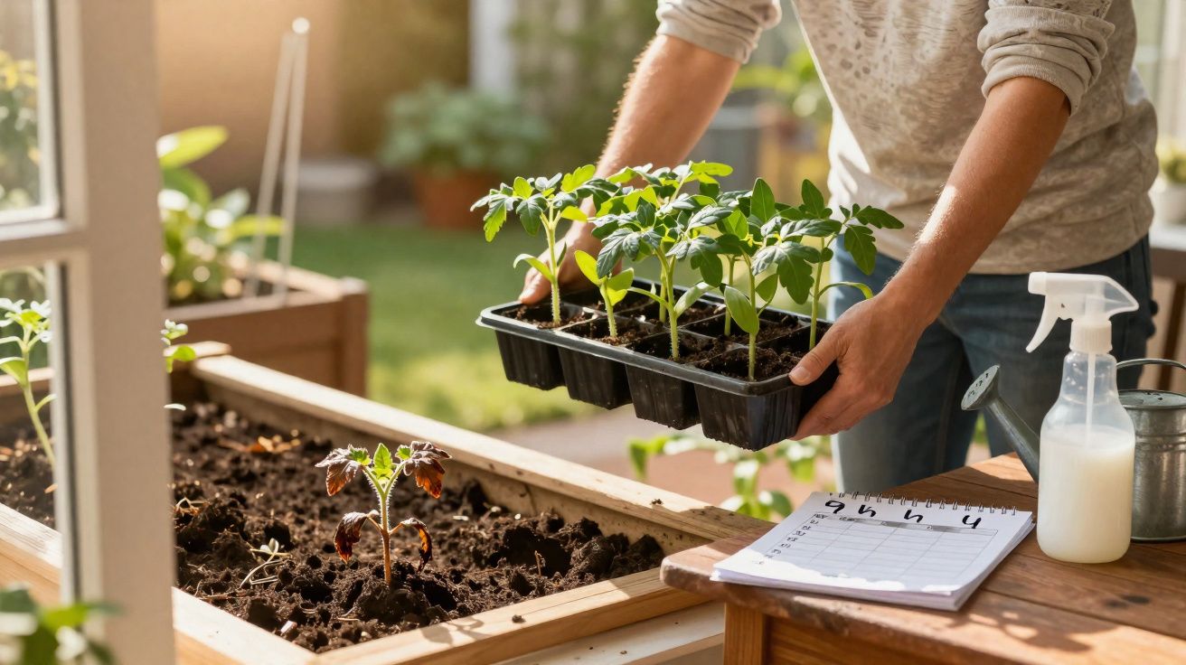 Pessoa a transplantar mudas de plantas para um canteiro de madeira num jardim ensolarado.