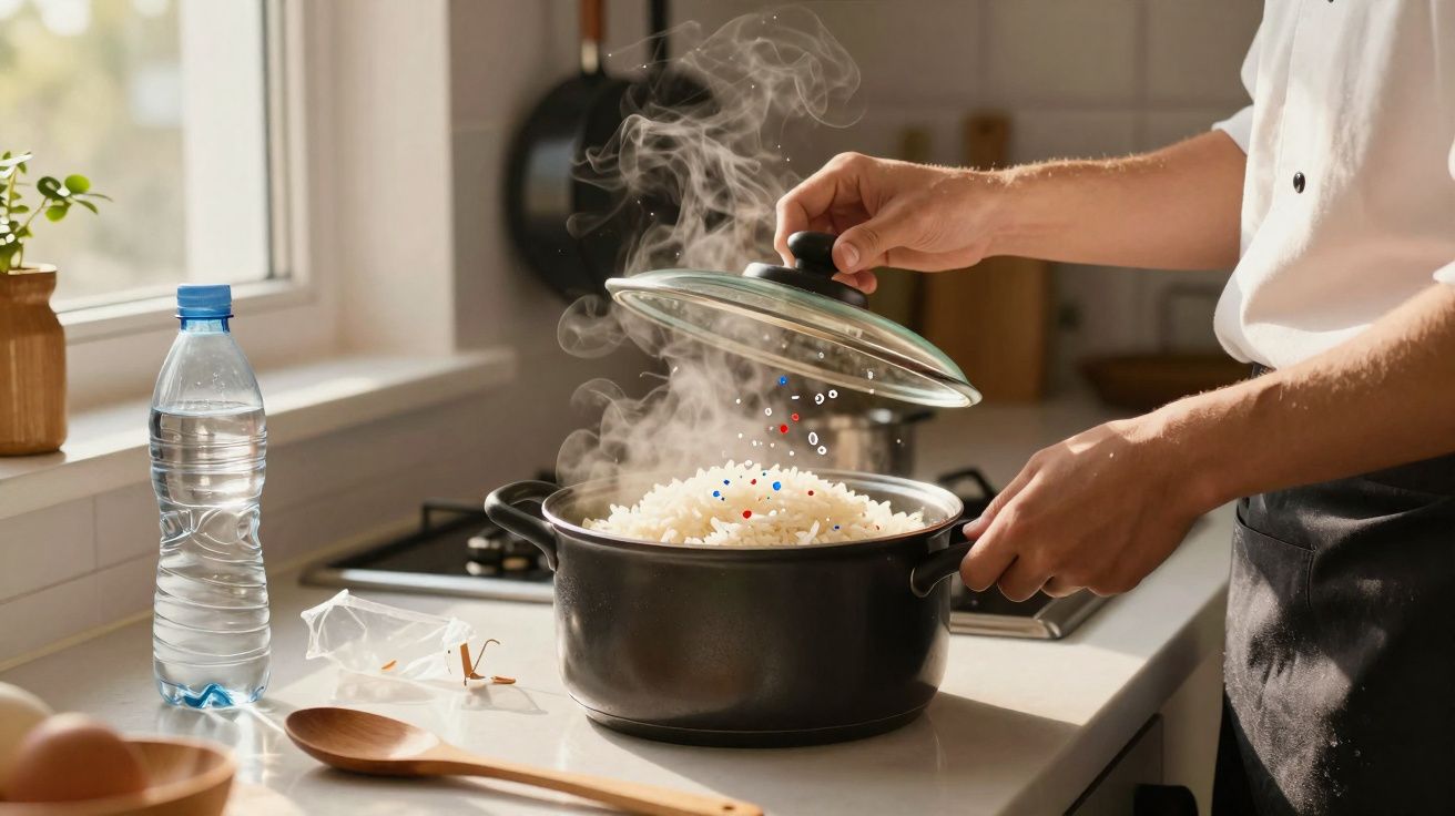 Pessoa a levantar tampa de panela a cozinhar arroz fumegante numa cozinha iluminada.