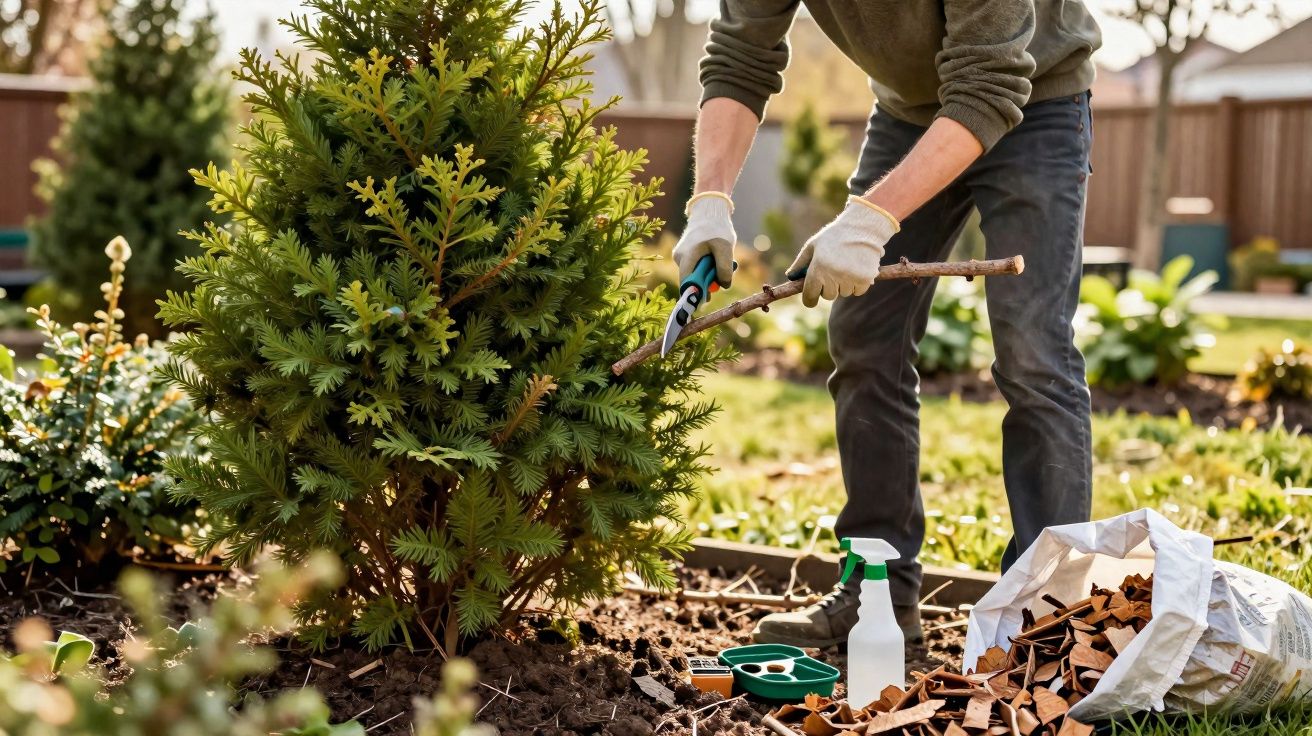 Pessoa a podar ramos de arbusto em jardim, com luvas e ferramentas de jardinagem à volta.