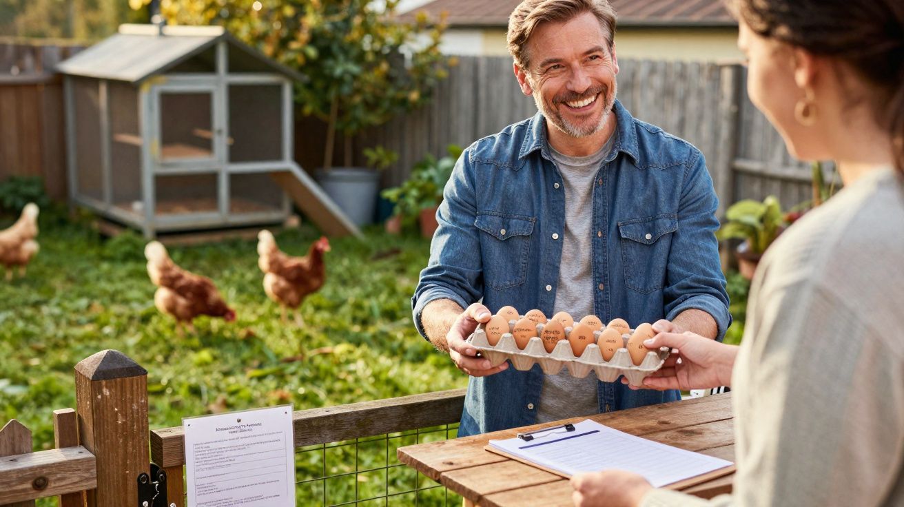 Homem sorridente entrega caixa de ovos numa quinta enquanto mulher segura prancheta.