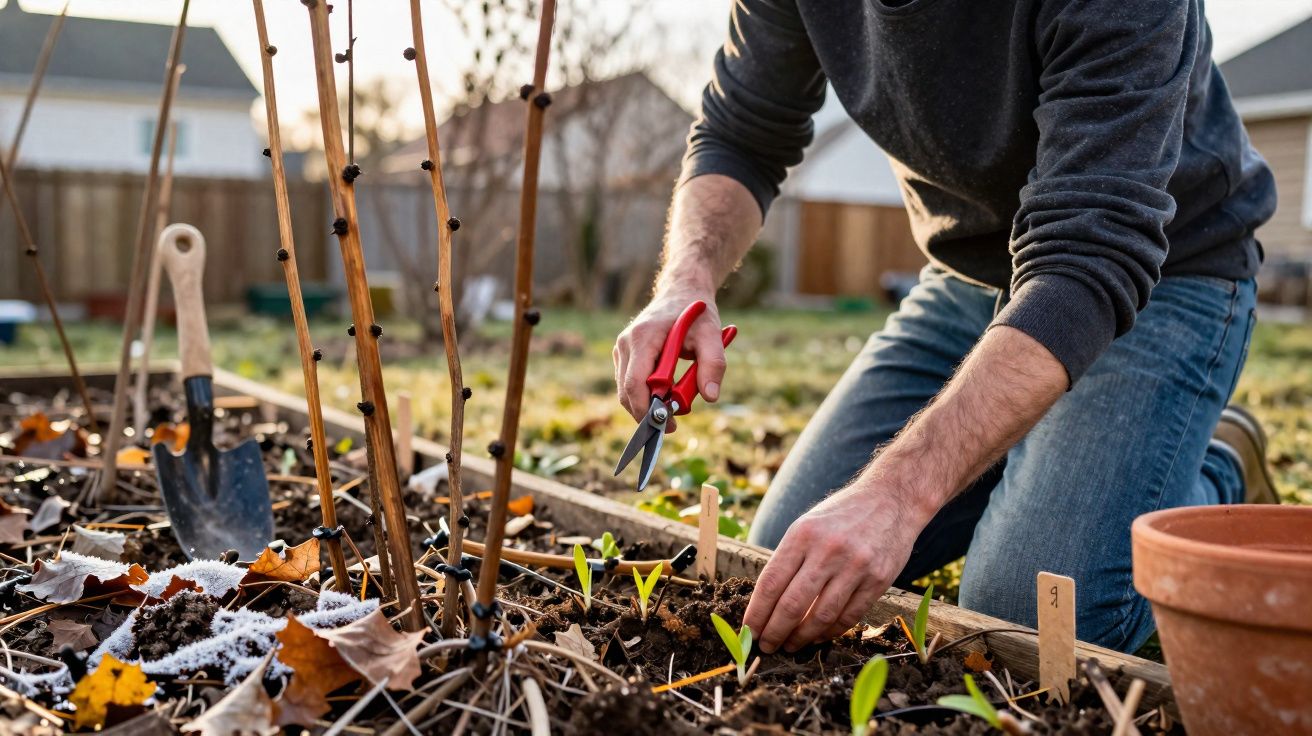 Pessoa a cuidar de plantas jovens num canteiro de jardim com tesoura de poda vermelha.