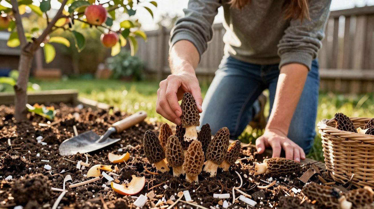 Pessoa a colher cogumelos Morel no jardim com cesta e enxada ao lado.