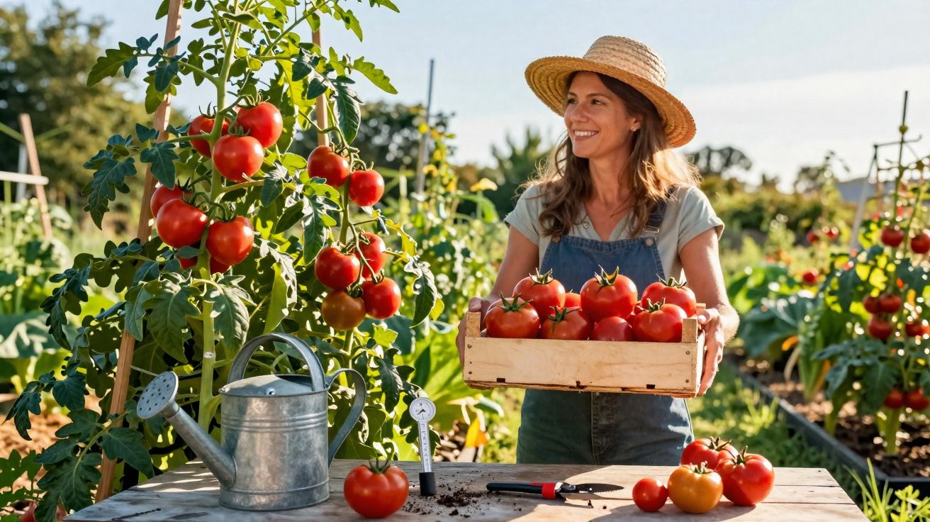 Mulher com chapéu segura caixa de tomates maduros numa horta ensolarada com plantas e regador.