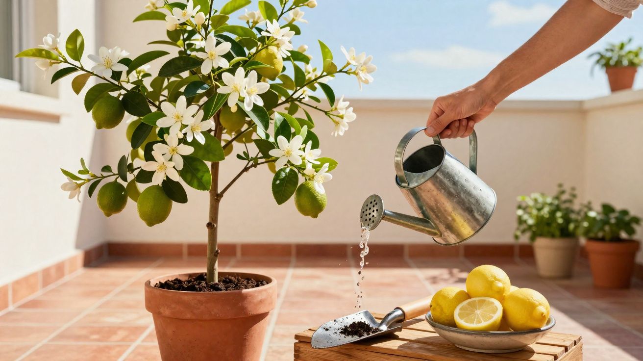 Mão a regar limoeiro em vaso num terraço com limões, enxada e plantas ao fundo.