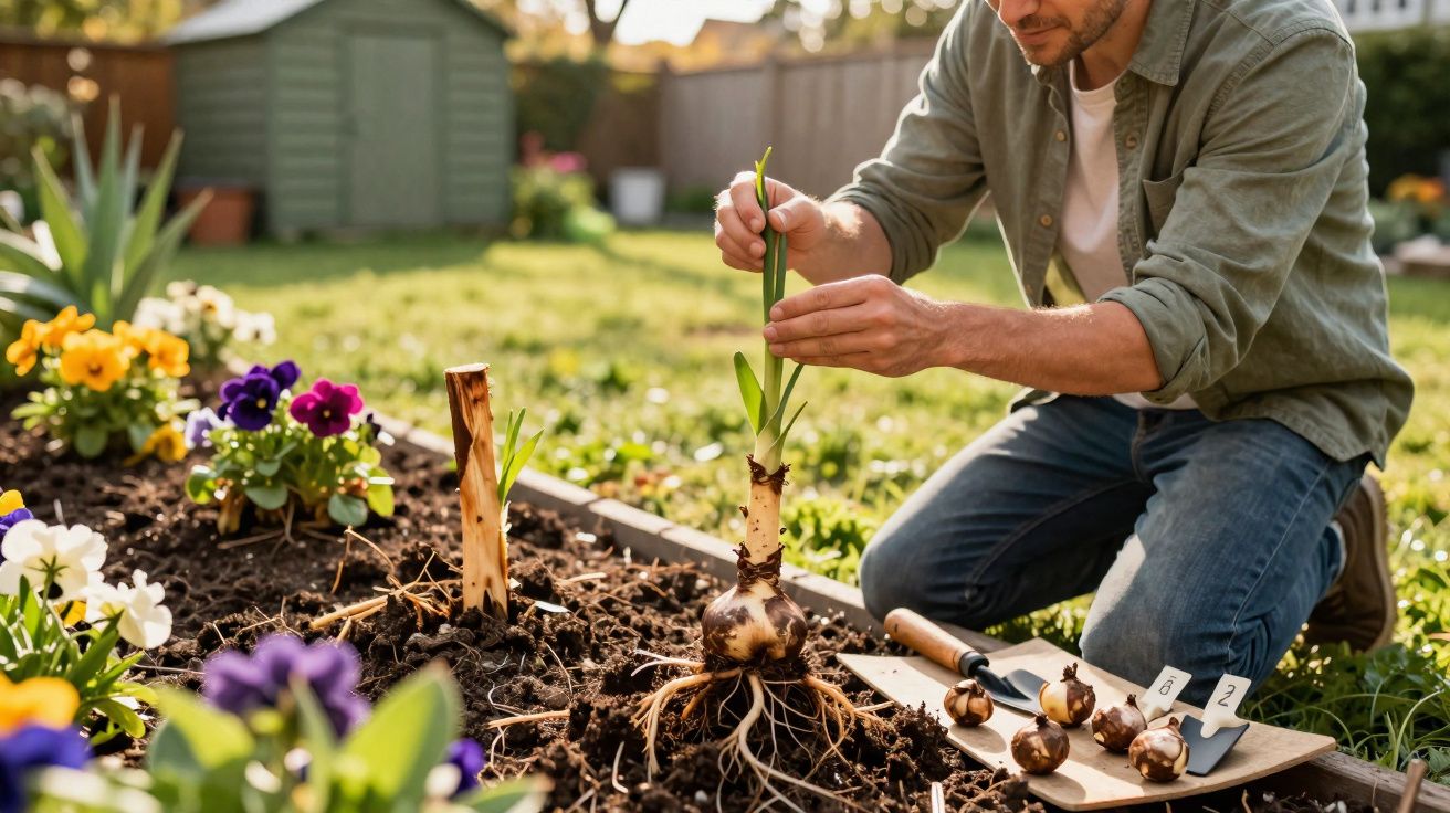 Homem a plantar bulbos numa horta cheia de flores coloridas num jardim ensolarado.