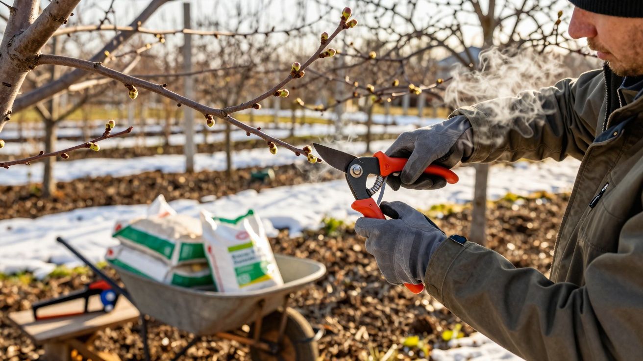 Pessoa a podar ramos de árvore numa plantação com luvas e tesoura de poda, com carrinho de mão ao fundo.