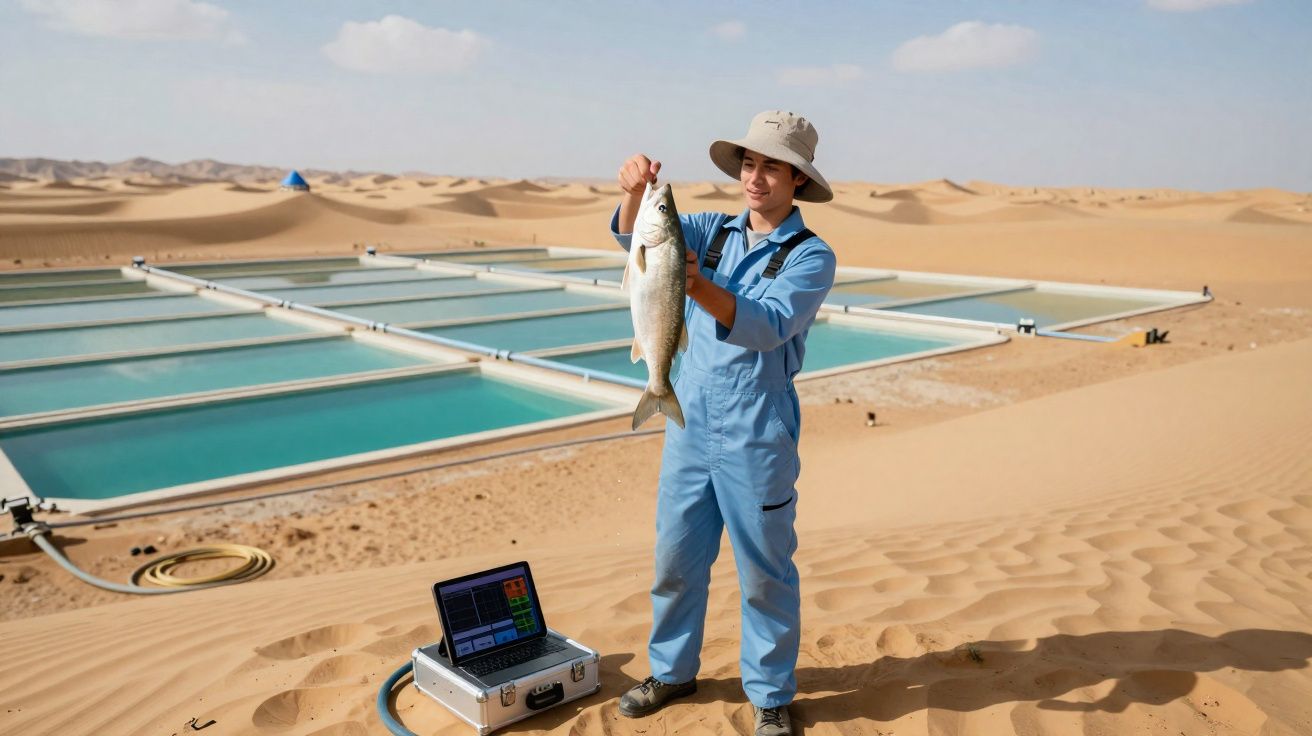 Homem com fato azul segura peixe junto a tanques de criação de peixe no deserto de areia.