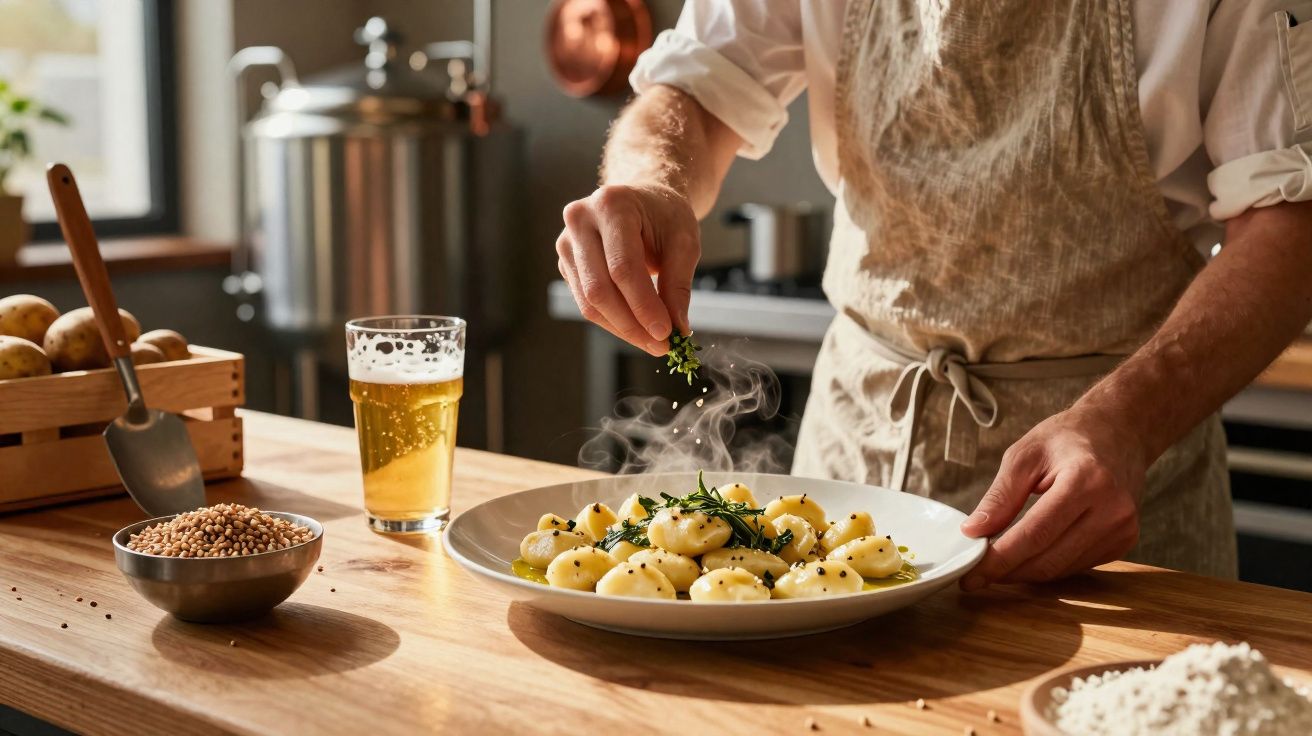 Pessoa a temperar nhoques com ervas frescas numa cozinha rústica, com cerveja e ingredientes na bancada.