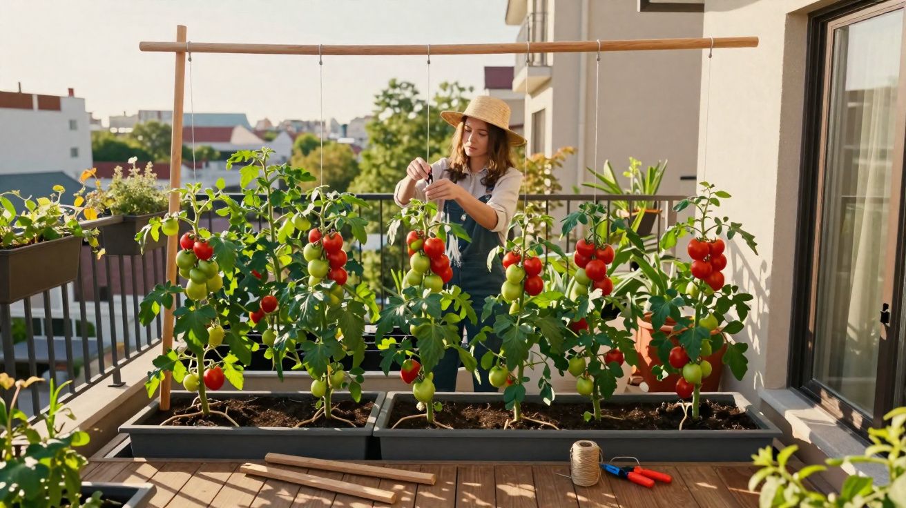 Mulher a cuidar de plantas de tomateiros com frutos verdes e vermelhos numa varanda urbana ao sol.