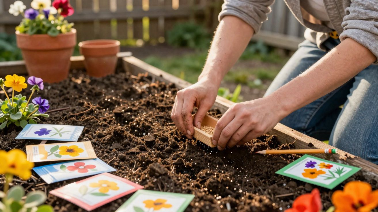 Pessoa semeando sementes em canteiro, com pacotes de sementes e flores coloridas ao redor.