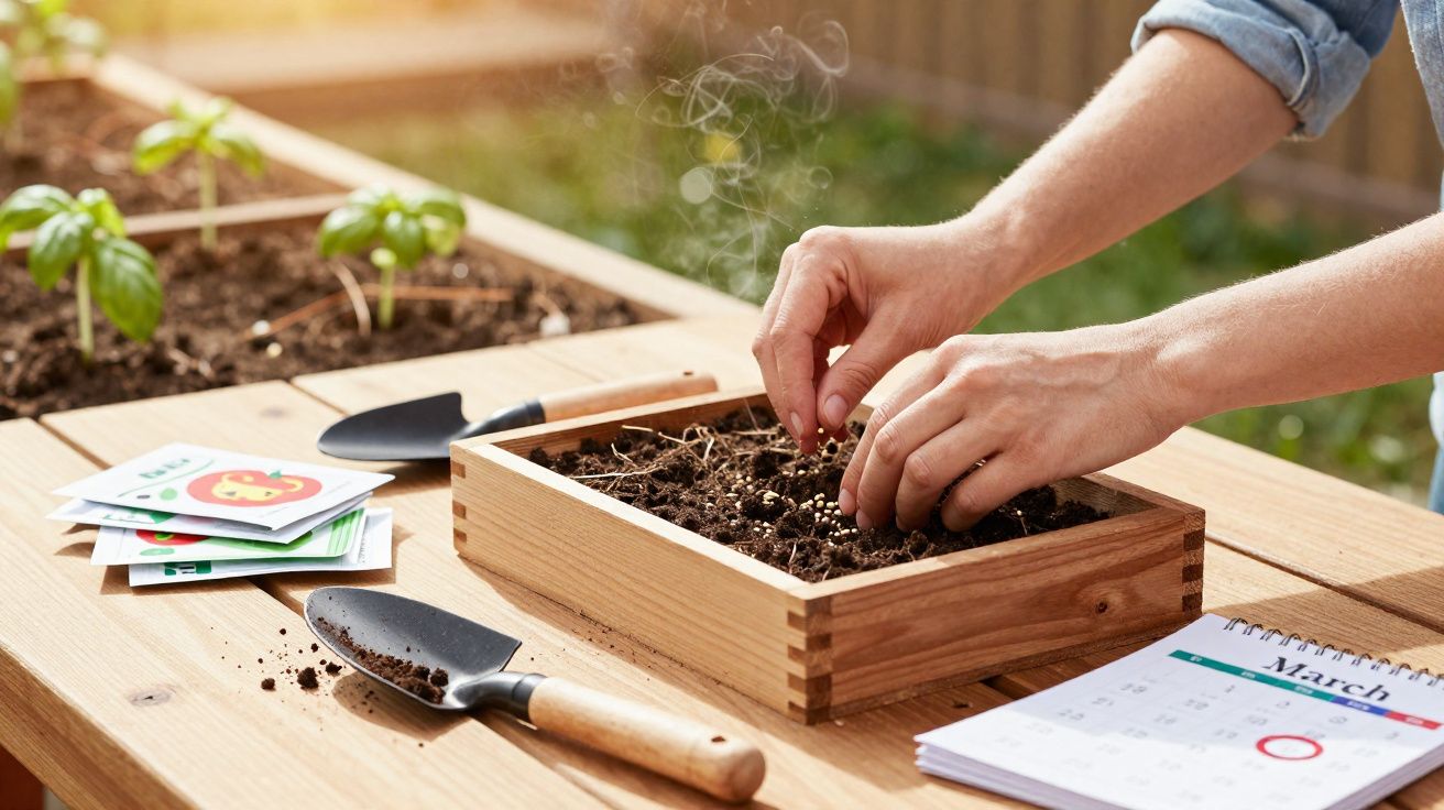 Mãos a plantar sementes em caixa de madeira com ferramentas de jardim e calendário marcado em março.