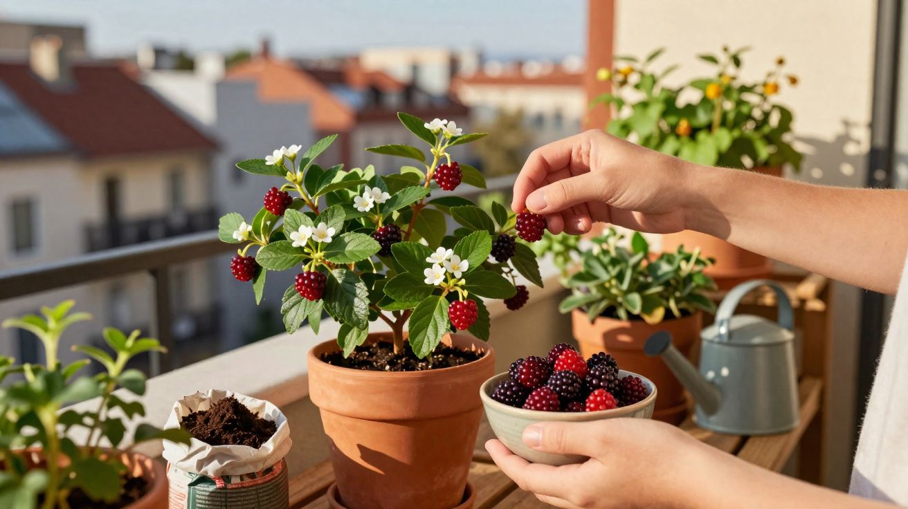 Mãos colhendo amoras maduras numa planta em vaso num terraço com vários vasos e regador ao fundo.