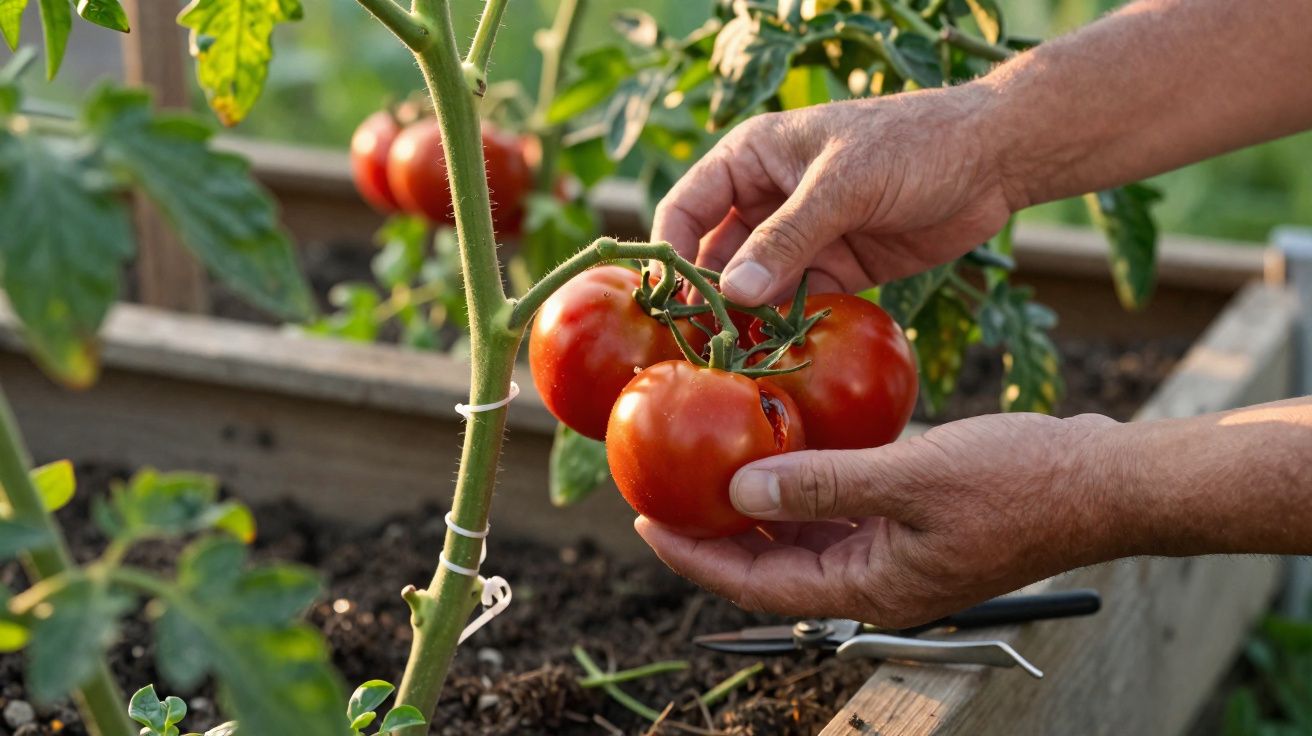 Mãos colhendo tomates maduros num pé de tomateiros num canteiro de madeira no jardim.