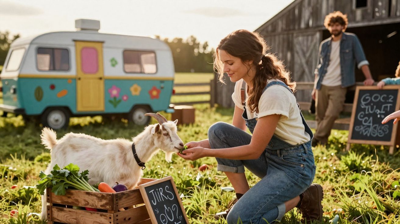 Mulher alimenta cabra num campo com legumes, perto de uma carrinha e um homem ao fundo.