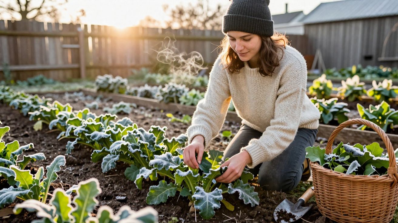 Mulher a apanhar couves num jardim ao ar livre ao pôr do sol com cesta e enxada ao lado.