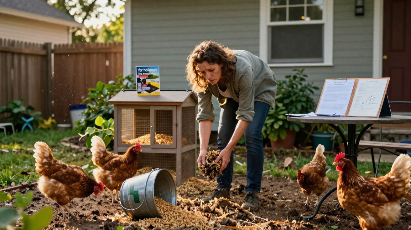 Mulher a alimentar galinhas num quintal com casa de galinhas e mesa com documentos.