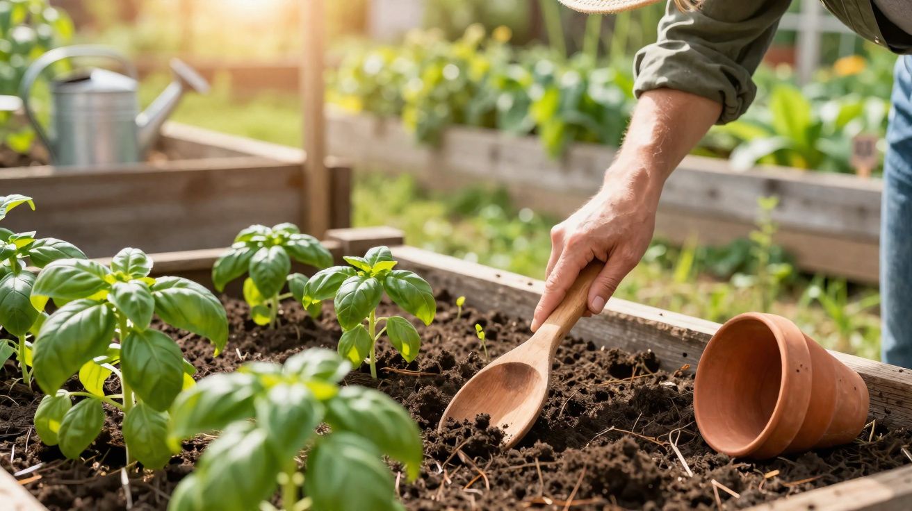 Pessoa a cuidar de plantas verdes num canteiro com uma colher de madeira e vasos vazios.