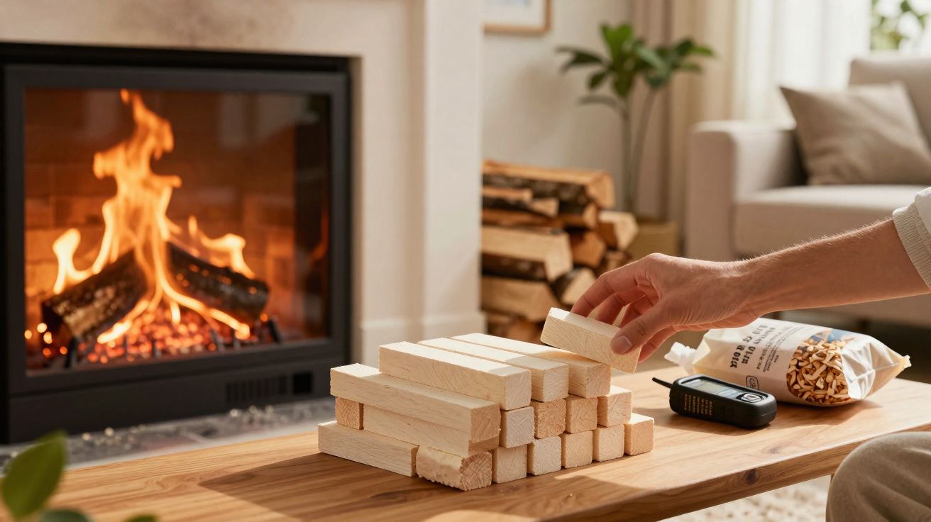 Pessoa a jogar Jenga numa sala acolhedora com lareira acesa, lenha empilhada e sofá ao fundo.