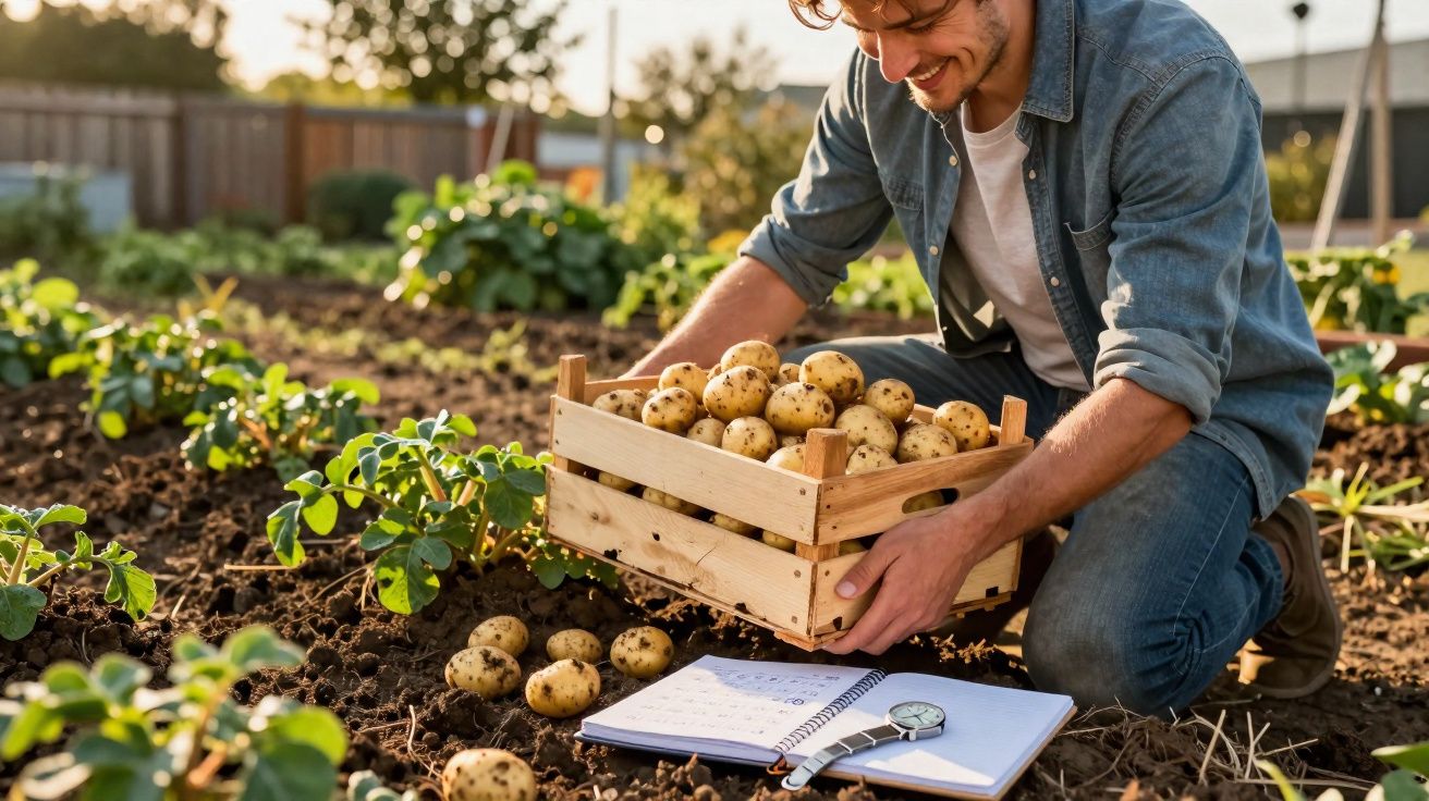 Homem a colher batatas e a guardar numa caixa de madeira numa horta ao ar livre ao entardecer.