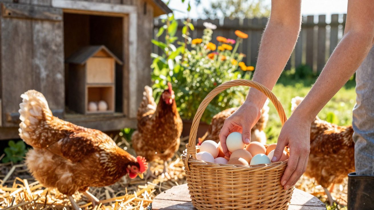 Cesta com ovos frescos colhidos e galinhas ao redor perto de um galinheiro num dia ensolarado.