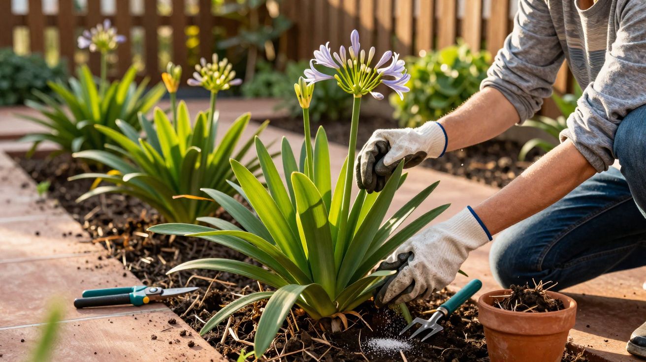Pessoa a cuidar de plantas floridas num jardim com luvas de jardinagem e ferramentas à volta.