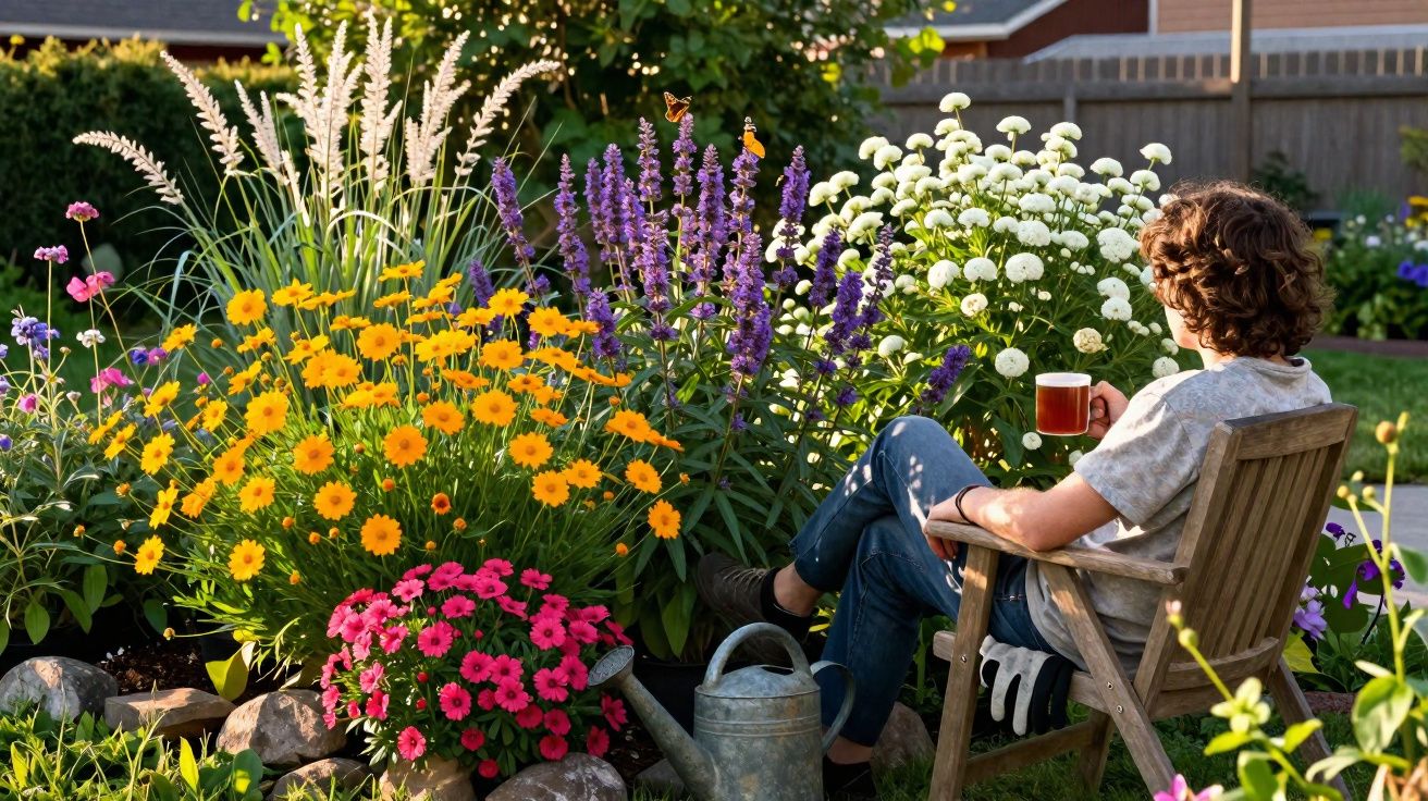 Pessoa sentada numa cadeira de jardim a beber chá rodeada por flores coloridas num dia soalheiro.