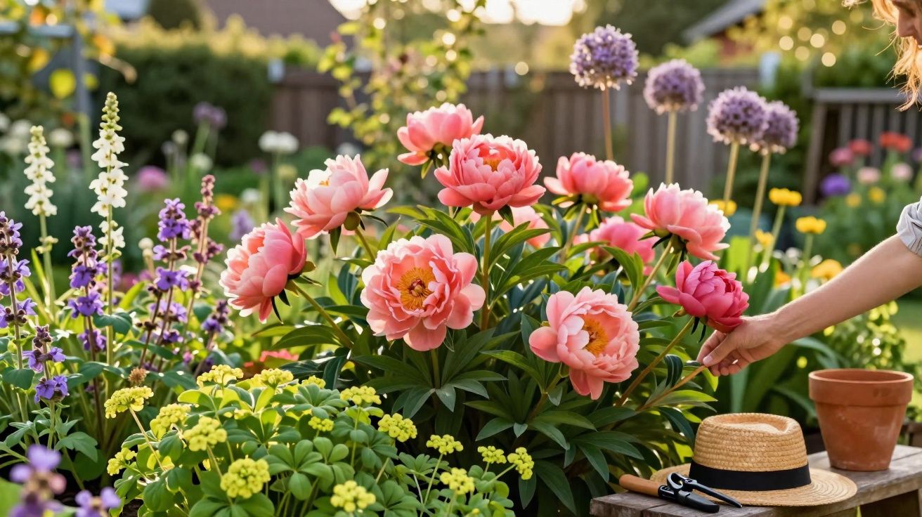 Jardim com flores rosadas, lilases, amarelas e mão colhendo uma flor ao lado de chapéu e vasinho.