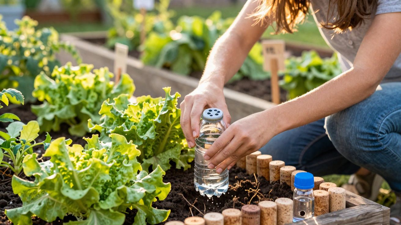 Pessoa rega alface numa horta em canteiros de madeira sob luz natural direta.