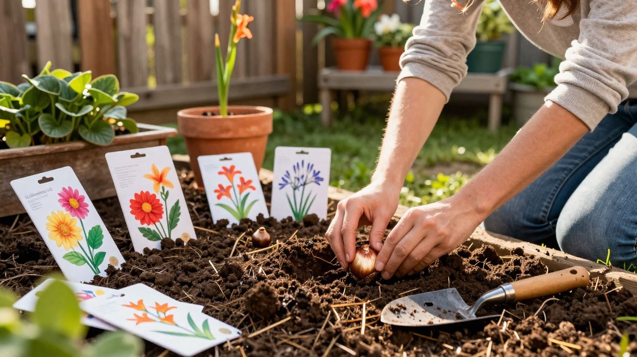 Pessoa a plantar um bolbo de flor num canteiro com etiquetas ilustrativas ao lado.