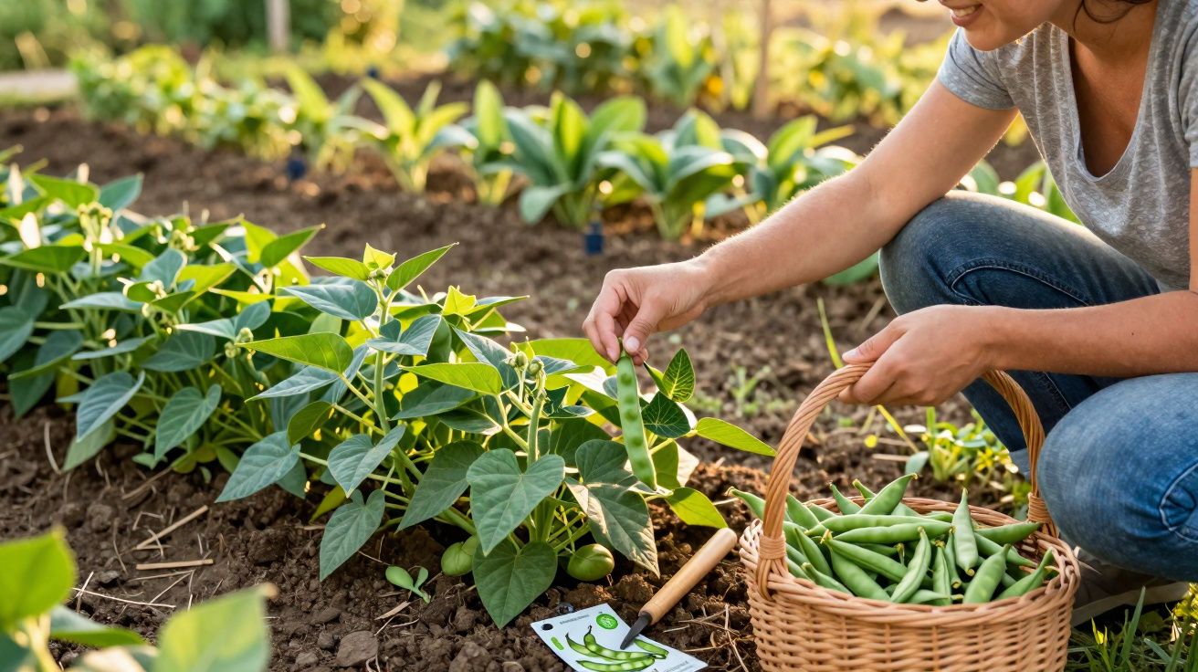 Pessoa a apanhar feijão verde fresco numa horta e a colocar numa cesta de verga.