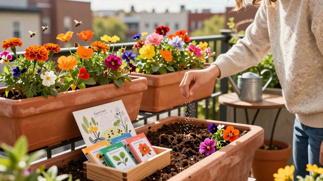 Pessoa a semear flores em vasos de terra num varandim ensolarado com flores e abelhas à volta.