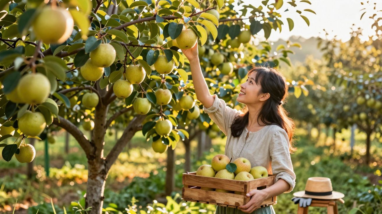 Mulher a colher peras num pomar ao entardecer, com cesto cheio de frutos na mão.