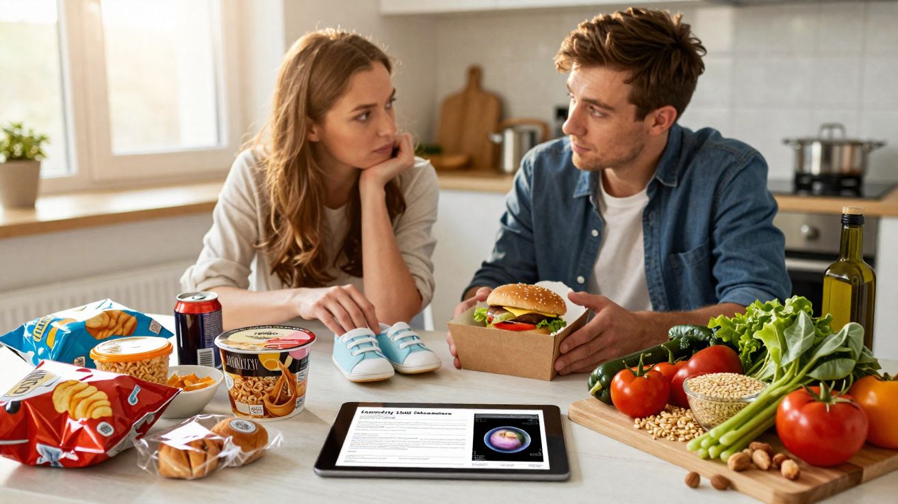 Casal debate escolhas alimentares entre comida saudável e fast food numa cozinha moderna.