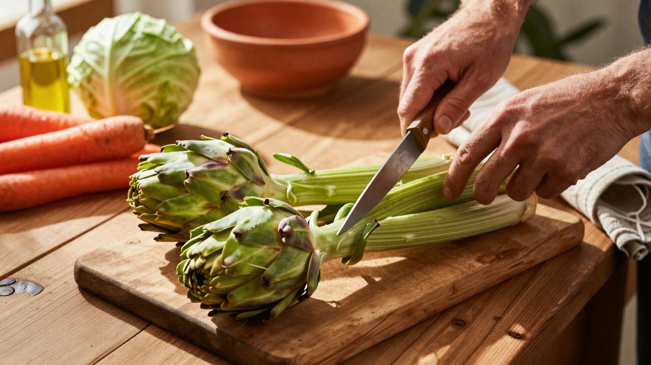 Mãos a cortar a haste de dois alcachofras numa tábua de madeira com cenouras e repolho ao fundo.