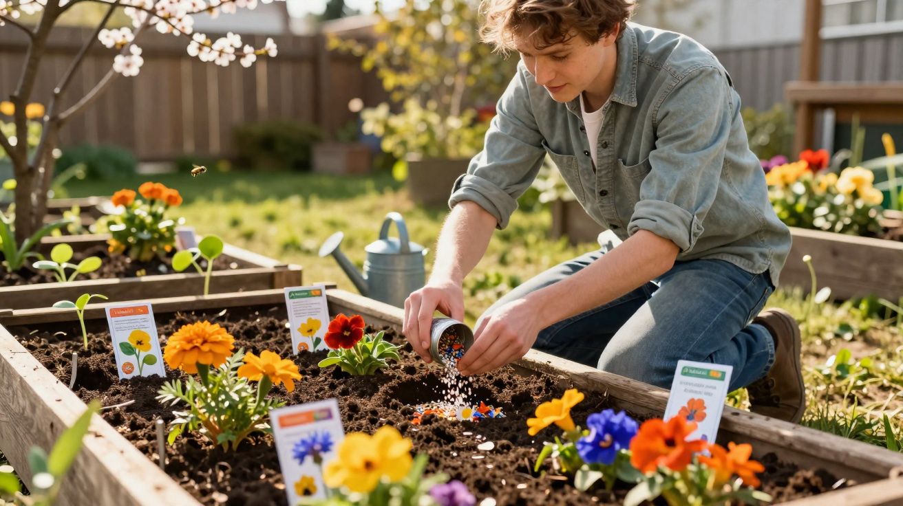 Jovem a cultivar flores num canteiro elevado, espalhando fertilizante no jardim ensolarado.