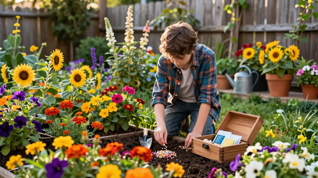 Menino a plantar sementes num jardim cheio de flores coloridas e vasos de girassóis ao fundo.