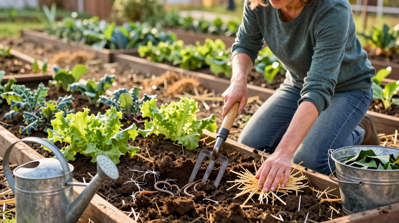 Pessoa a cuidar de uma horta, a usar um garfo de jardim para trabalhar o solo e regador ao lado.