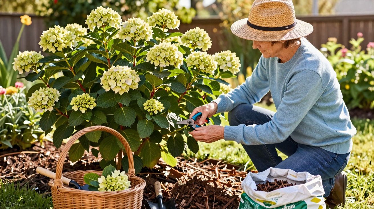 Pessoa idosa com chapéu, aparando flores brancas de hortênsia num jardim soalheiro, com cesta e ferramentas ao lado.