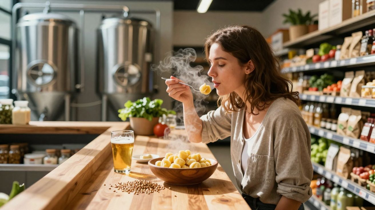 Mulher sentada numa mesa de madeira a comer massa quente numa tigela com um copo de cerveja à frente.