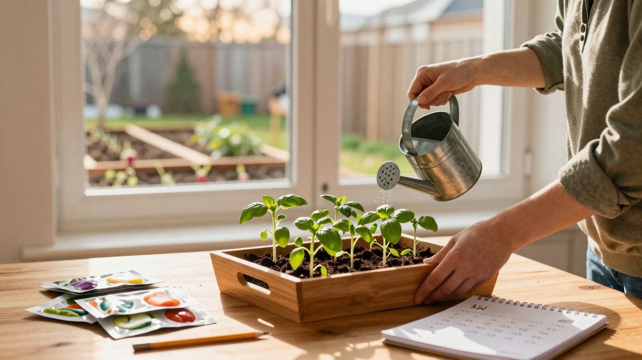 Pessoa a regar plantas jovens numa caixa de madeira junto a uma janela luminosa, com sementes e caderno na mesa.