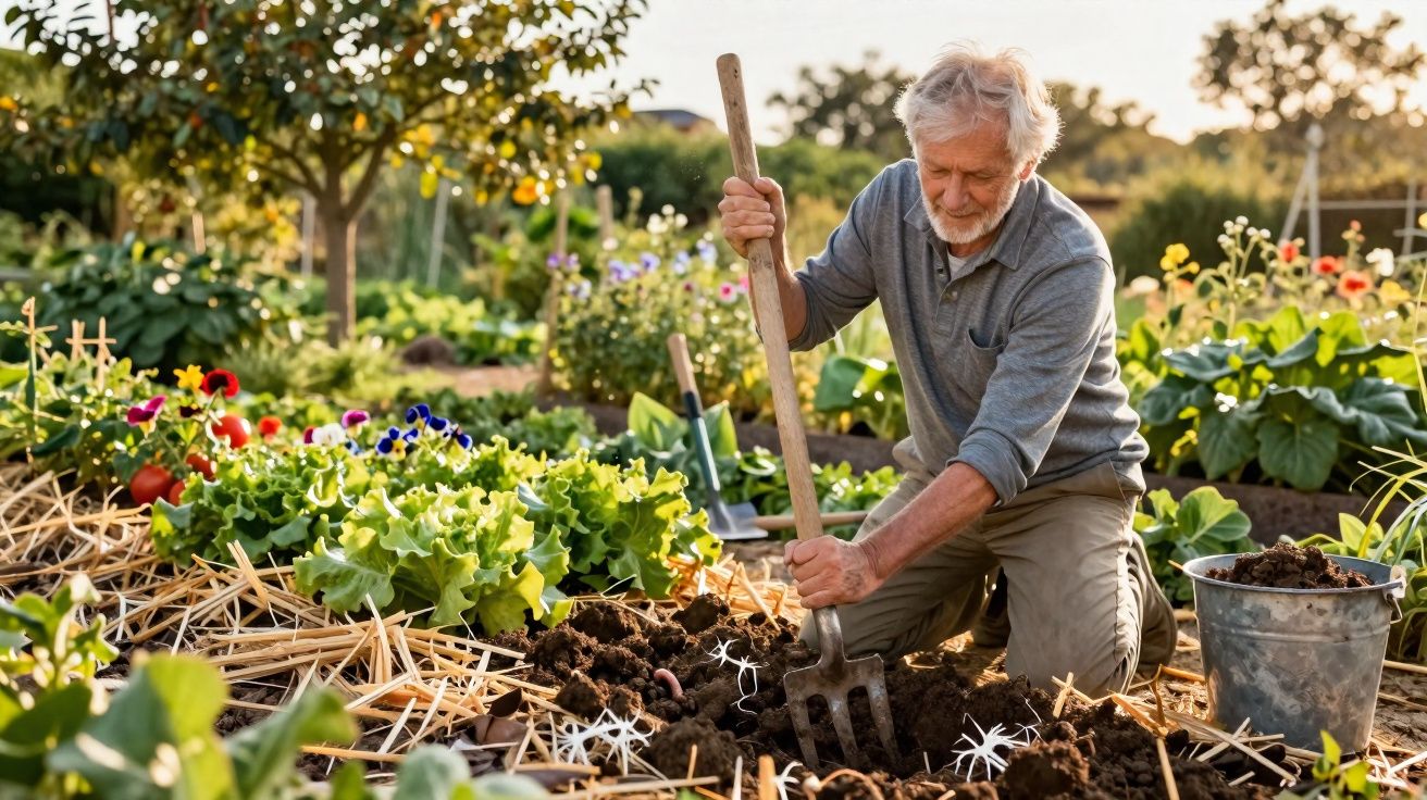 Homem idoso a cultivar a terra numa horta cheia de plantas verdes e flores coloridas ao entardecer.