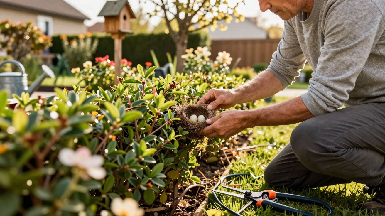 Homem a cuidar de um ninho com ovos brancos num jardim florido num dia ensolarado.