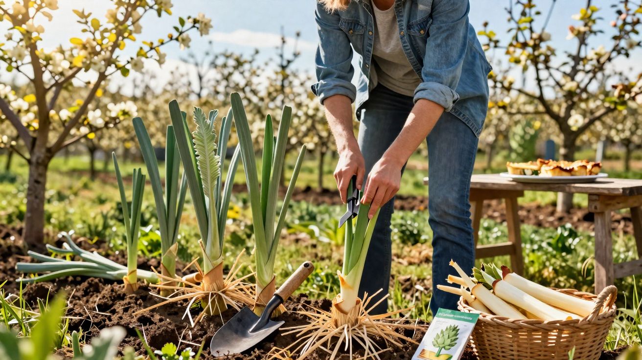 Pessoa a colher alho-porro numa horta ao ar livre com cesta cheia e mesa com tortas ao fundo.
