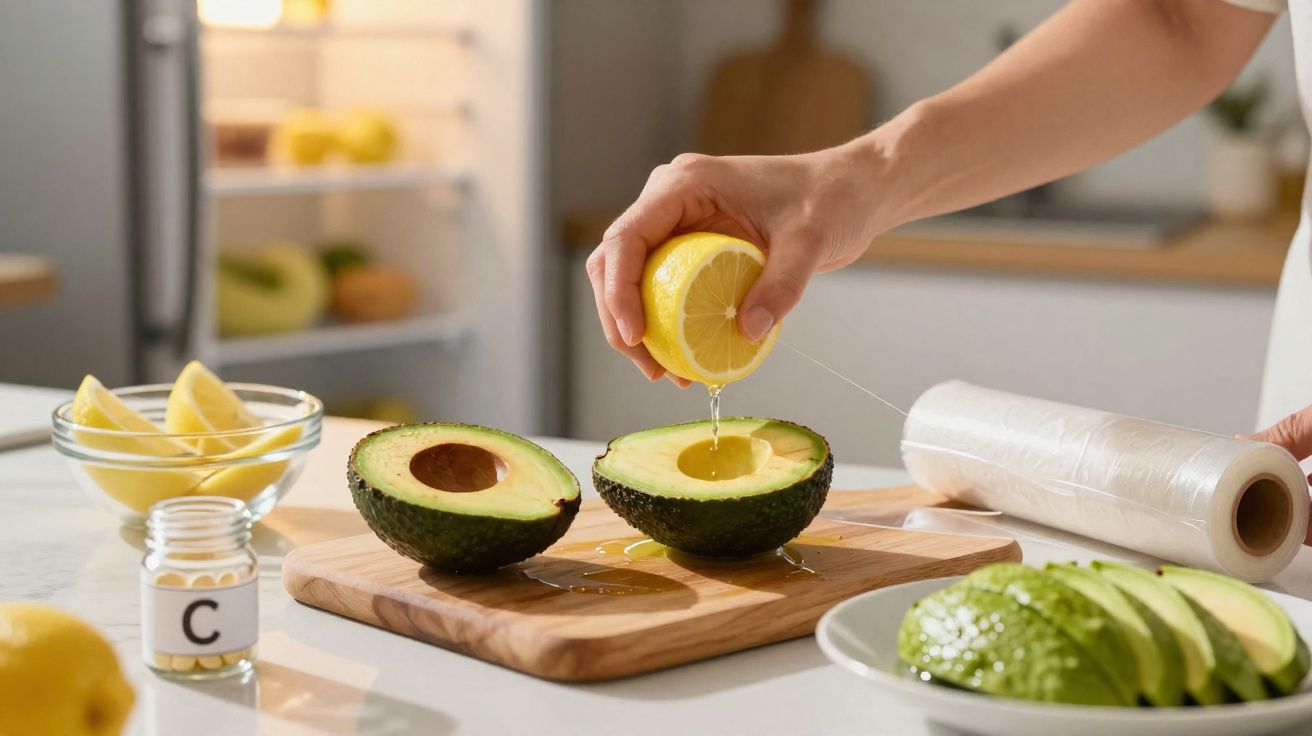 Pessoa a espremer limão sobre metade de um abacate numa cozinha com ingredientes frescos.