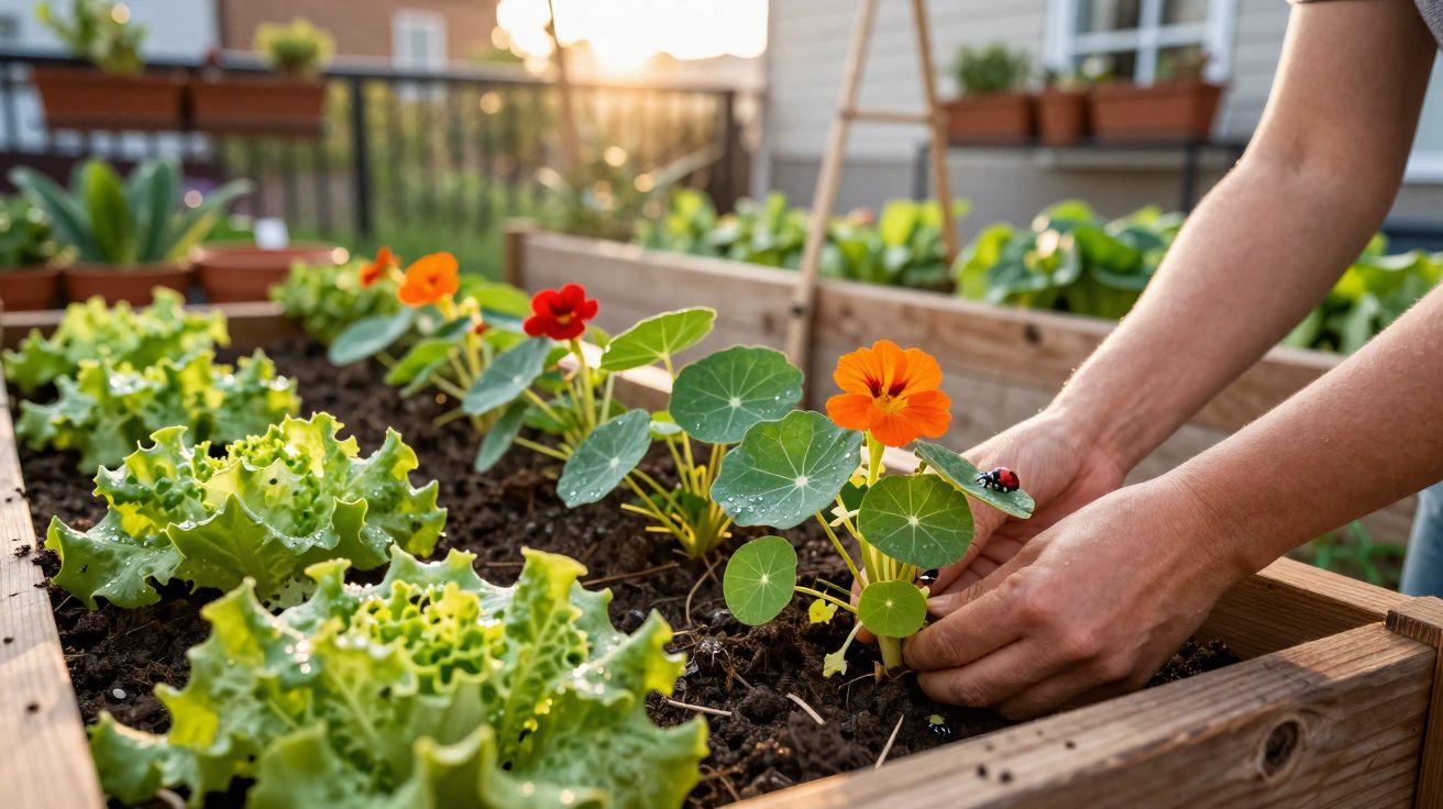 Pessoa a cuidar de flores e alfaces numa horta urbana em canteiros de madeira ao pôr do sol.